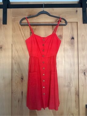 Bright Red Button-Front Dress, Vintage Linen Urban Outfitters, Pockets, S